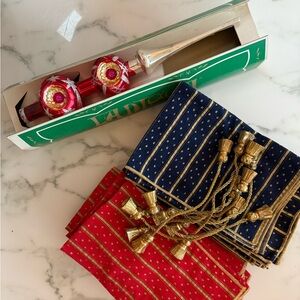 Vintage Christmas decor bundle—napkins, brass bell rings, glass tree topper